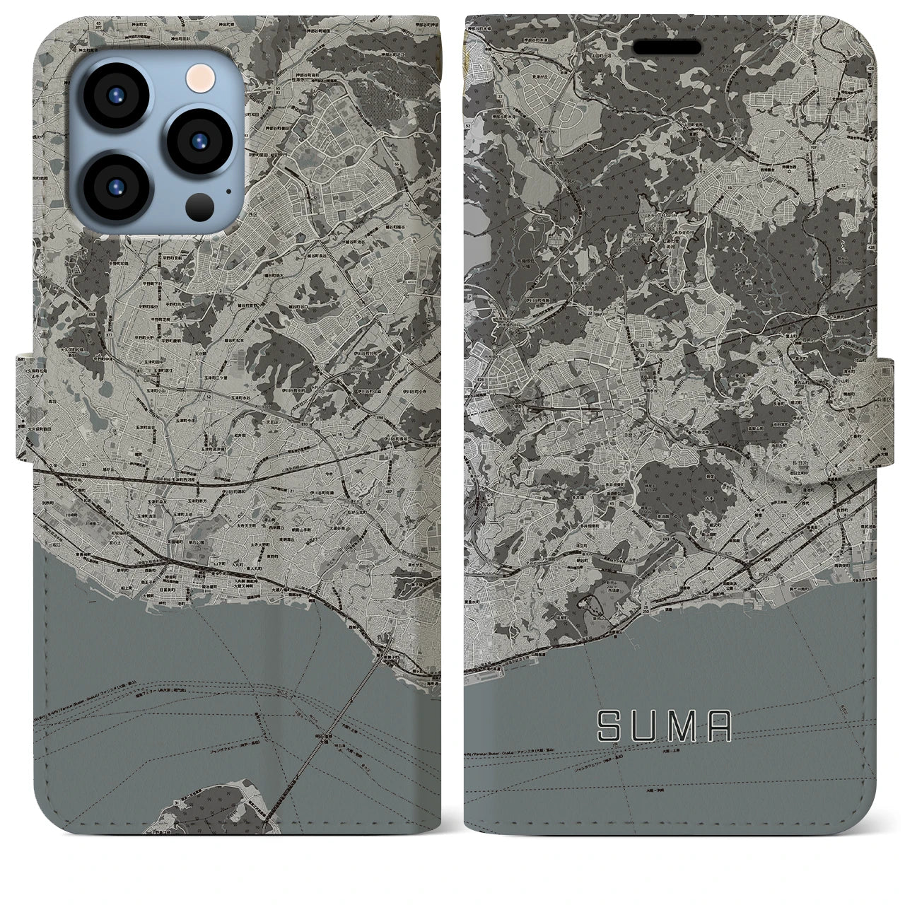 【須磨】地図柄iPhoneケース（手帳両面タイプ・モノトーン）iPhone 13 Pro Max 用