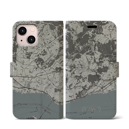 【須磨（兵庫県）】地図柄iPhoneケース（手帳タイプ）モノトーン・iPhone 13 mini 用