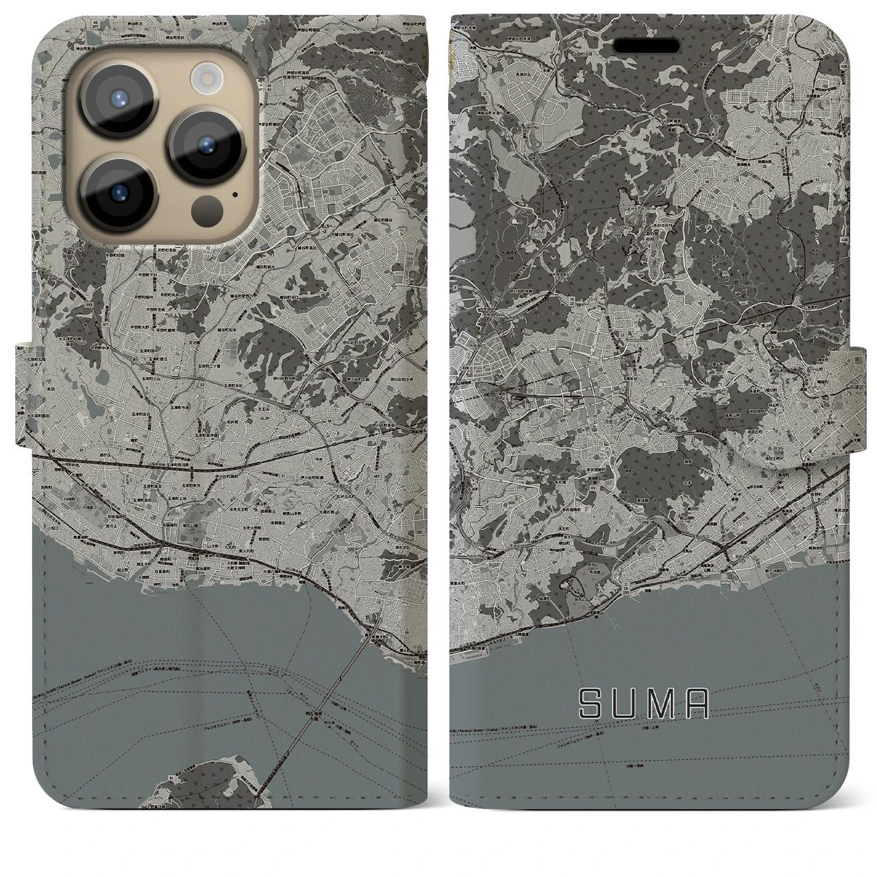 【須磨】地図柄iPhoneケース（手帳両面タイプ・モノトーン）iPhone 14 Pro Max 用