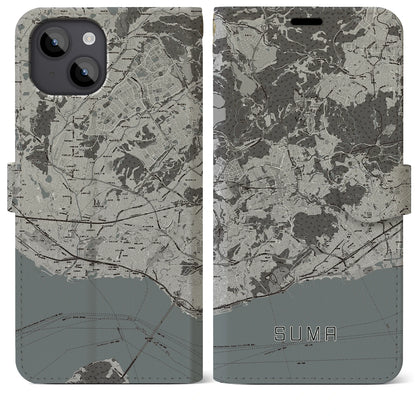 【須磨（兵庫県）】地図柄iPhoneケース（手帳タイプ）モノトーン・iPhone 14 Plus 用