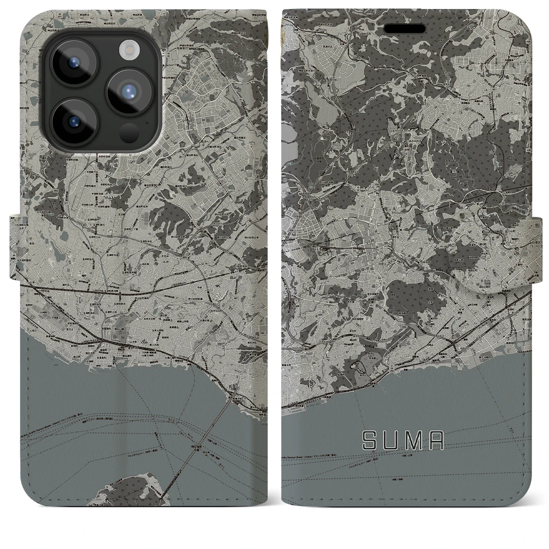 【須磨】地図柄iPhoneケース（手帳両面タイプ・モノトーン）iPhone 15 Pro Max 用