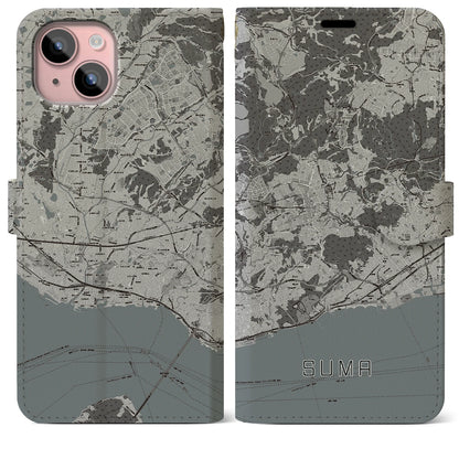 【須磨（兵庫県）】地図柄iPhoneケース（手帳タイプ）モノトーン・iPhone 15 Plus 用