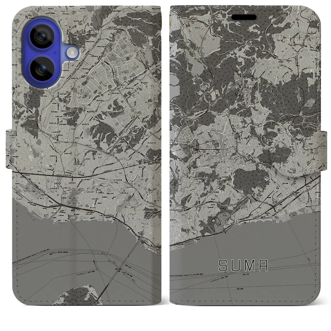 【須磨(兵庫県)】地図柄iPhoneケース(手帳タイプ)モノトーン・iPhone 16 Pro Max 用