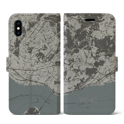 【須磨（兵庫県）】地図柄iPhoneケース（手帳タイプ）モノトーン・iPhone XS / X 用