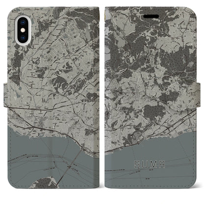 【須磨（兵庫県）】地図柄iPhoneケース（手帳タイプ）モノトーン・iPhone XS Max 用