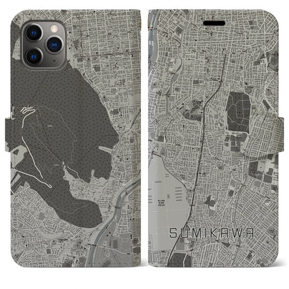 【澄川（北海道）】地図柄iPhoneケース（手帳タイプ）モノトーン・iPhone 11 Pro Max 用