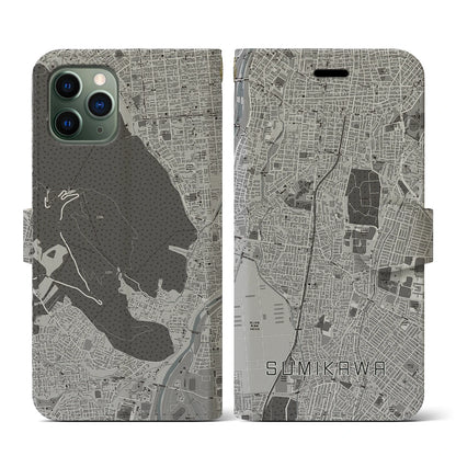 【澄川（北海道）】地図柄iPhoneケース（手帳タイプ）モノトーン・iPhone 11 Pro 用