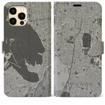 【澄川（北海道）】地図柄iPhoneケース（手帳タイプ）モノトーン・iPhone 12 Pro Max 用