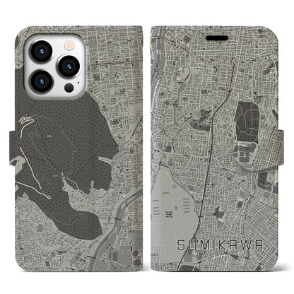 【澄川（北海道）】地図柄iPhoneケース（手帳タイプ）モノトーン・iPhone 13 Pro 用