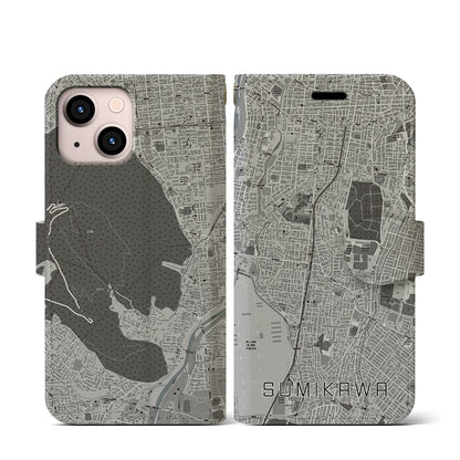 【澄川（北海道）】地図柄iPhoneケース（手帳タイプ）モノトーン・iPhone 13 mini 用