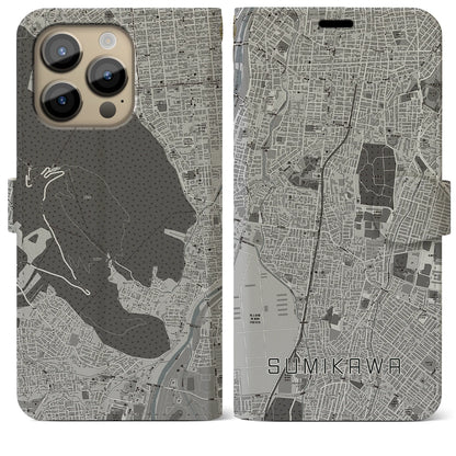 【澄川（北海道）】地図柄iPhoneケース（手帳タイプ）モノトーン・iPhone 14 Pro Max 用