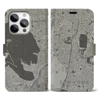 【澄川（北海道）】地図柄iPhoneケース（手帳タイプ）モノトーン・iPhone 14 Pro 用