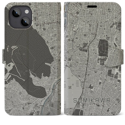 【澄川（北海道）】地図柄iPhoneケース（手帳タイプ）モノトーン・iPhone 14 Plus 用