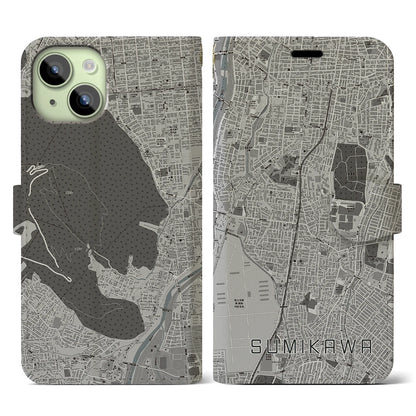 【澄川（北海道）】地図柄iPhoneケース（手帳タイプ）モノトーン・iPhone 15 用