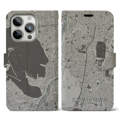 【澄川（北海道）】地図柄iPhoneケース（手帳タイプ）モノトーン・iPhone 15 Pro 用