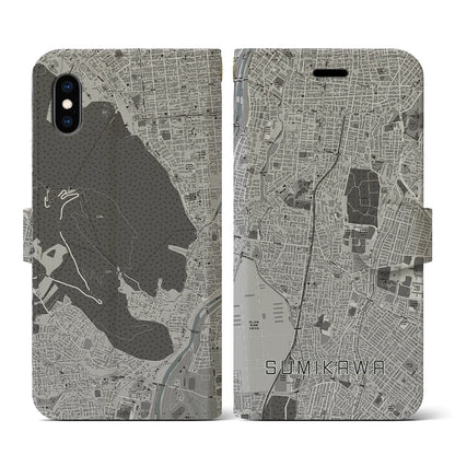 【澄川（北海道）】地図柄iPhoneケース（手帳タイプ）モノトーン・iPhone XS / X 用