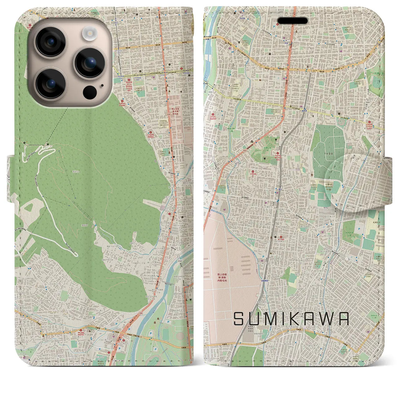 【澄川（北海道）】地図柄iPhoneケース（手帳タイプ）ナチュラル・iPhone 16 Plus 用