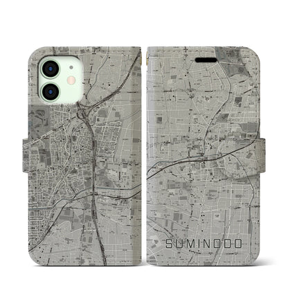 【住道（大阪府）】地図柄iPhoneケース（手帳タイプ）モノトーン・iPhone 12 mini 用