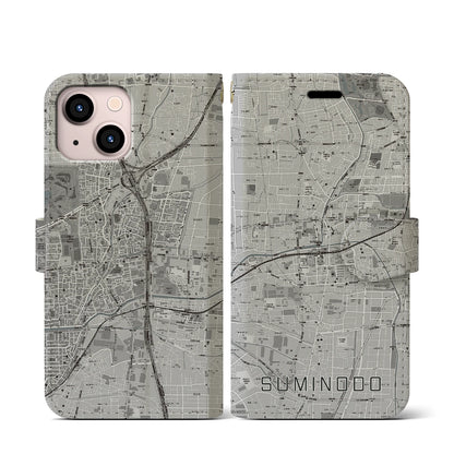 【住道（大阪府）】地図柄iPhoneケース（手帳タイプ）モノトーン・iPhone 13 mini 用