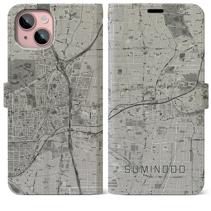 【住道（大阪府）】地図柄iPhoneケース（手帳タイプ）モノトーン・iPhone 15 Plus 用