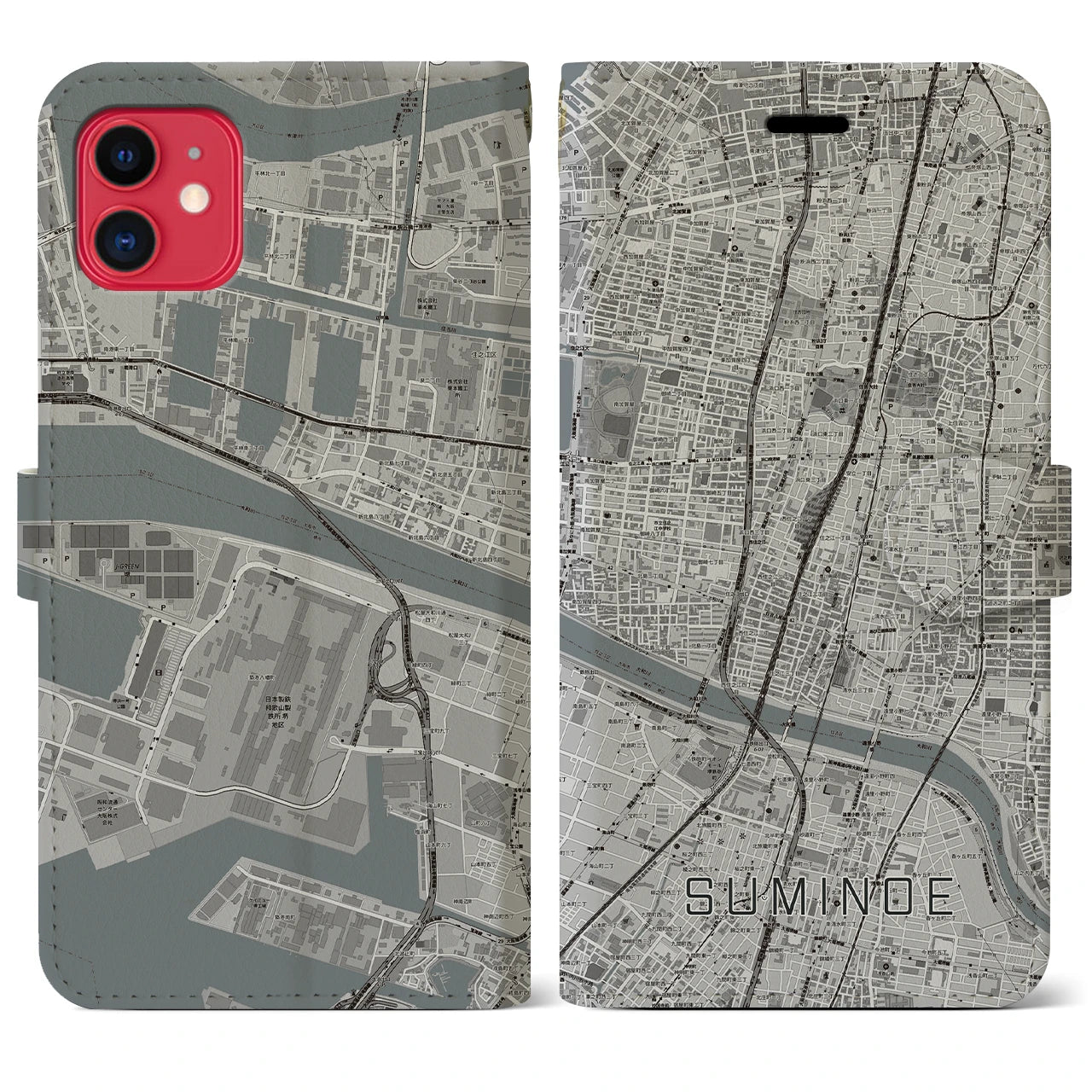 【住之江】地図柄iPhoneケース（手帳両面タイプ・モノトーン）iPhone 11 用