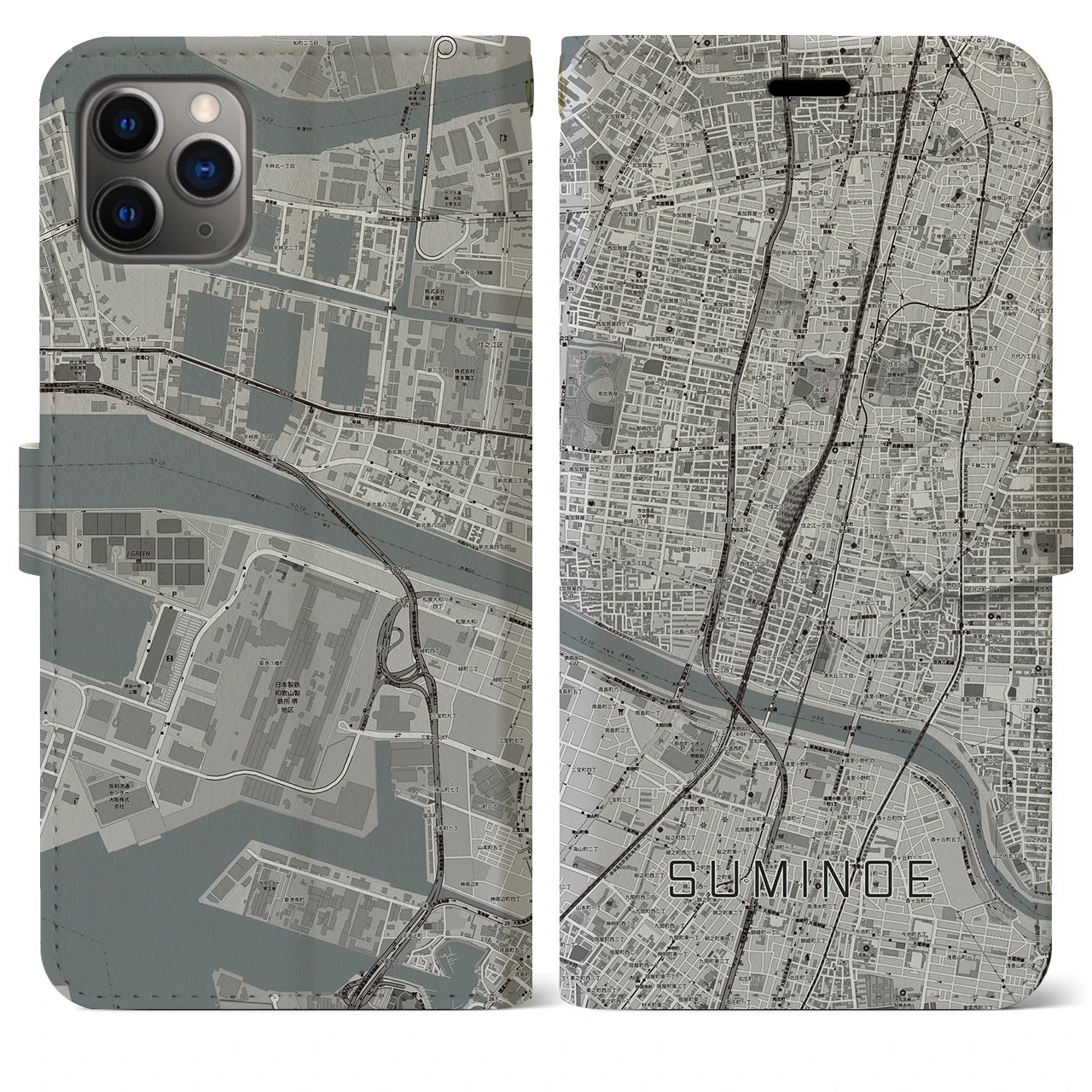 【住之江】地図柄iPhoneケース（手帳両面タイプ・モノトーン）iPhone 11 Pro Max 用