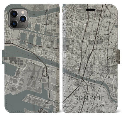 【住之江（大阪府）】地図柄iPhoneケース（手帳タイプ）モノトーン・iPhone 11 Pro Max 用