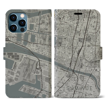 【住之江（大阪府）】地図柄iPhoneケース（手帳タイプ）モノトーン・iPhone 12 / 12 Pro 用
