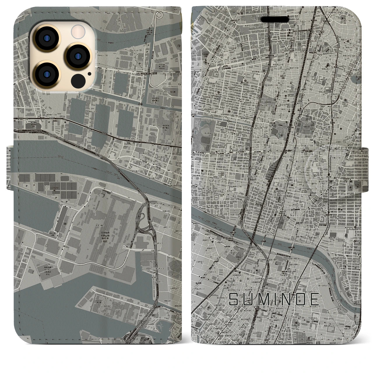【住之江】地図柄iPhoneケース（手帳両面タイプ・モノトーン）iPhone 12 Pro Max 用