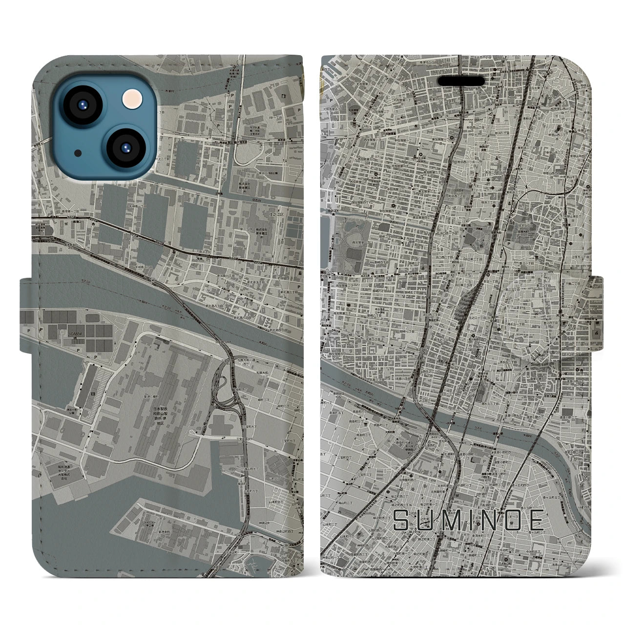 【住之江】地図柄iPhoneケース（手帳両面タイプ・モノトーン）iPhone 13 用