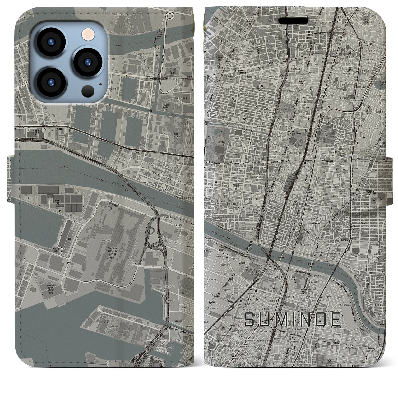 【住之江】地図柄iPhoneケース（手帳両面タイプ・モノトーン）iPhone 13 Pro Max 用