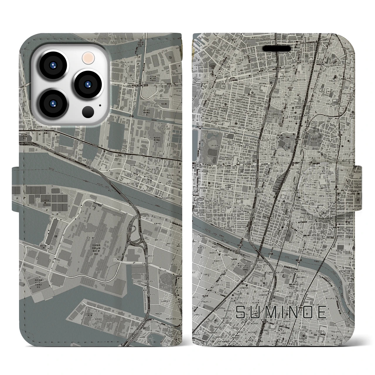 【住之江】地図柄iPhoneケース（手帳両面タイプ・モノトーン）iPhone 13 Pro 用