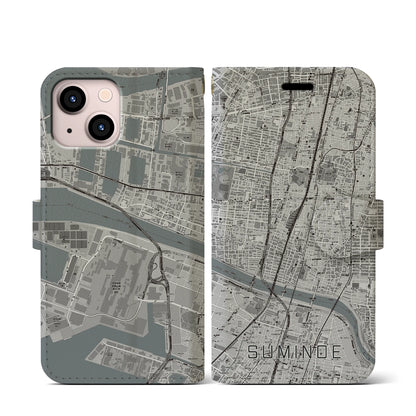 【住之江（大阪府）】地図柄iPhoneケース（手帳タイプ）モノトーン・iPhone 13 mini 用