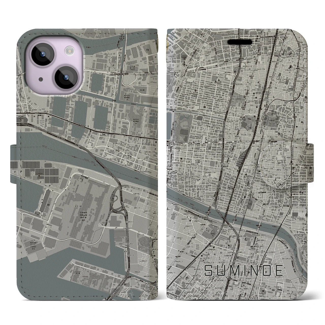 【住之江】地図柄iPhoneケース（手帳両面タイプ・モノトーン）iPhone 14 用