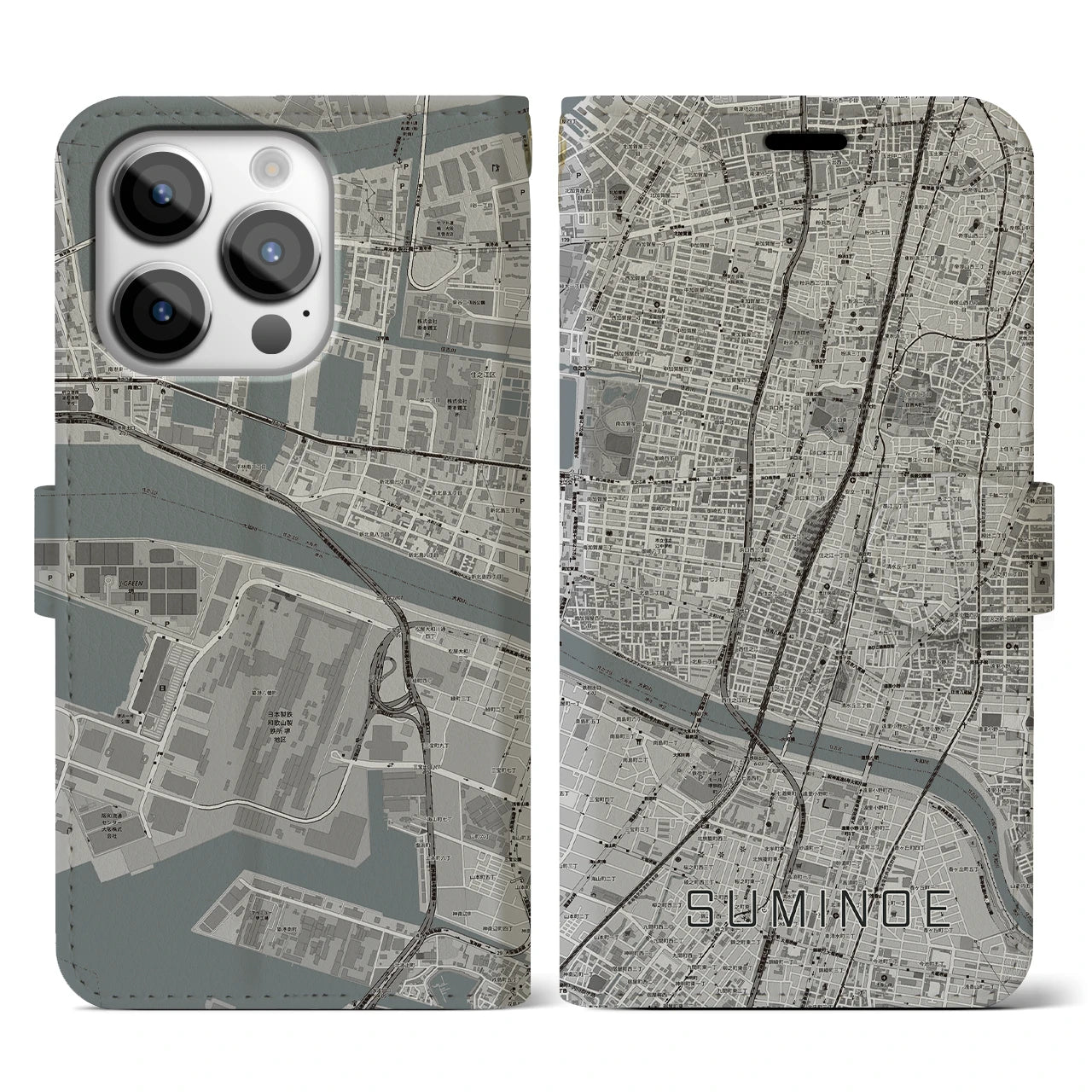 【住之江】地図柄iPhoneケース（手帳両面タイプ・モノトーン）iPhone 14 Pro 用