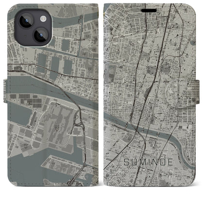 【住之江（大阪府）】地図柄iPhoneケース（手帳タイプ）モノトーン・iPhone 14 Plus 用