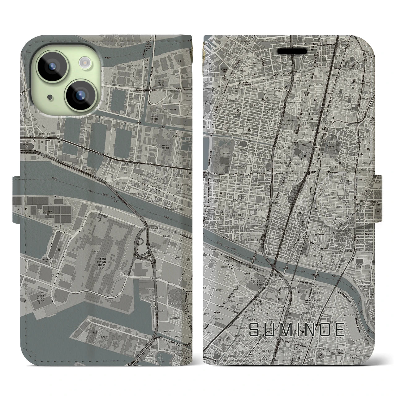 【住之江】地図柄iPhoneケース（手帳両面タイプ・モノトーン）iPhone 15 用