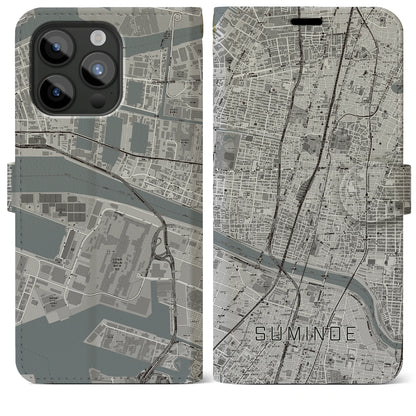 【住之江（大阪府）】地図柄iPhoneケース（手帳タイプ）モノトーン・iPhone 15 Pro Max 用