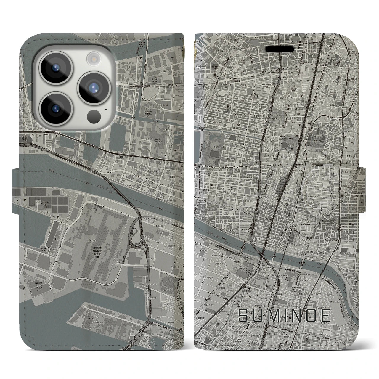 【住之江】地図柄iPhoneケース（手帳両面タイプ・モノトーン）iPhone 15 Pro 用
