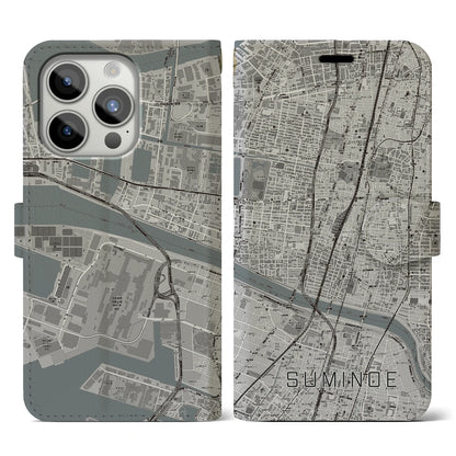 【住之江（大阪府）】地図柄iPhoneケース（手帳タイプ）モノトーン・iPhone 15 Pro 用