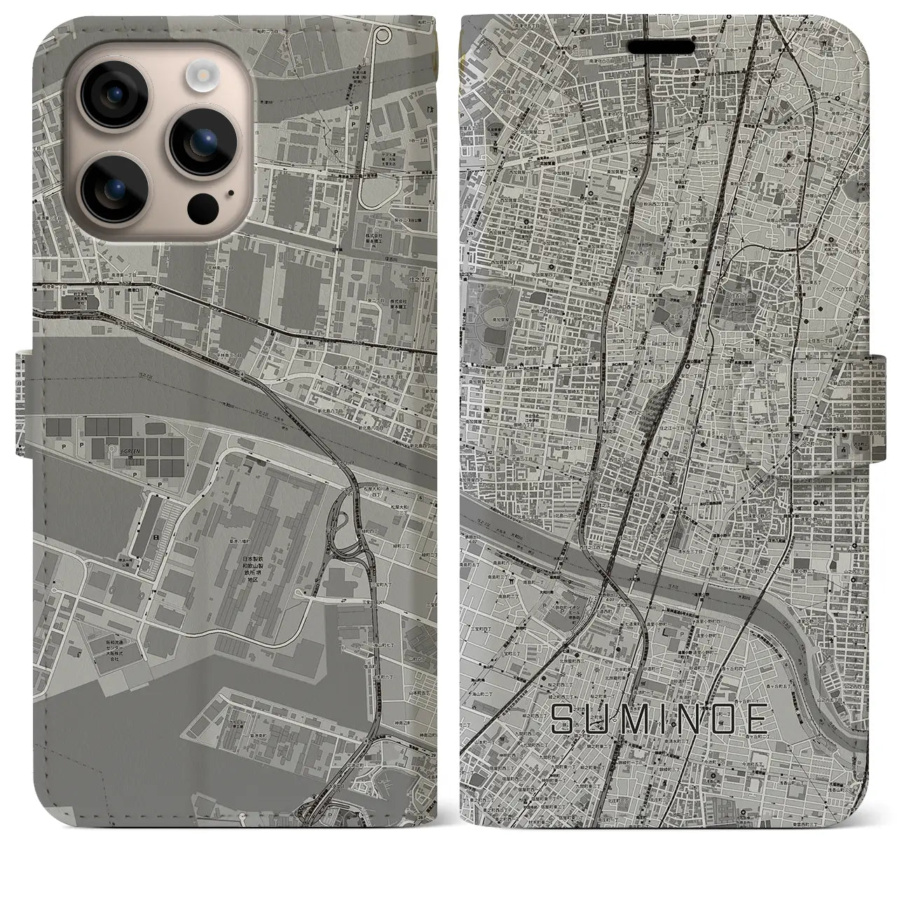 【住之江（大阪府）】地図柄iPhoneケース（手帳タイプ）モノトーン・iPhone 16 Plus 用