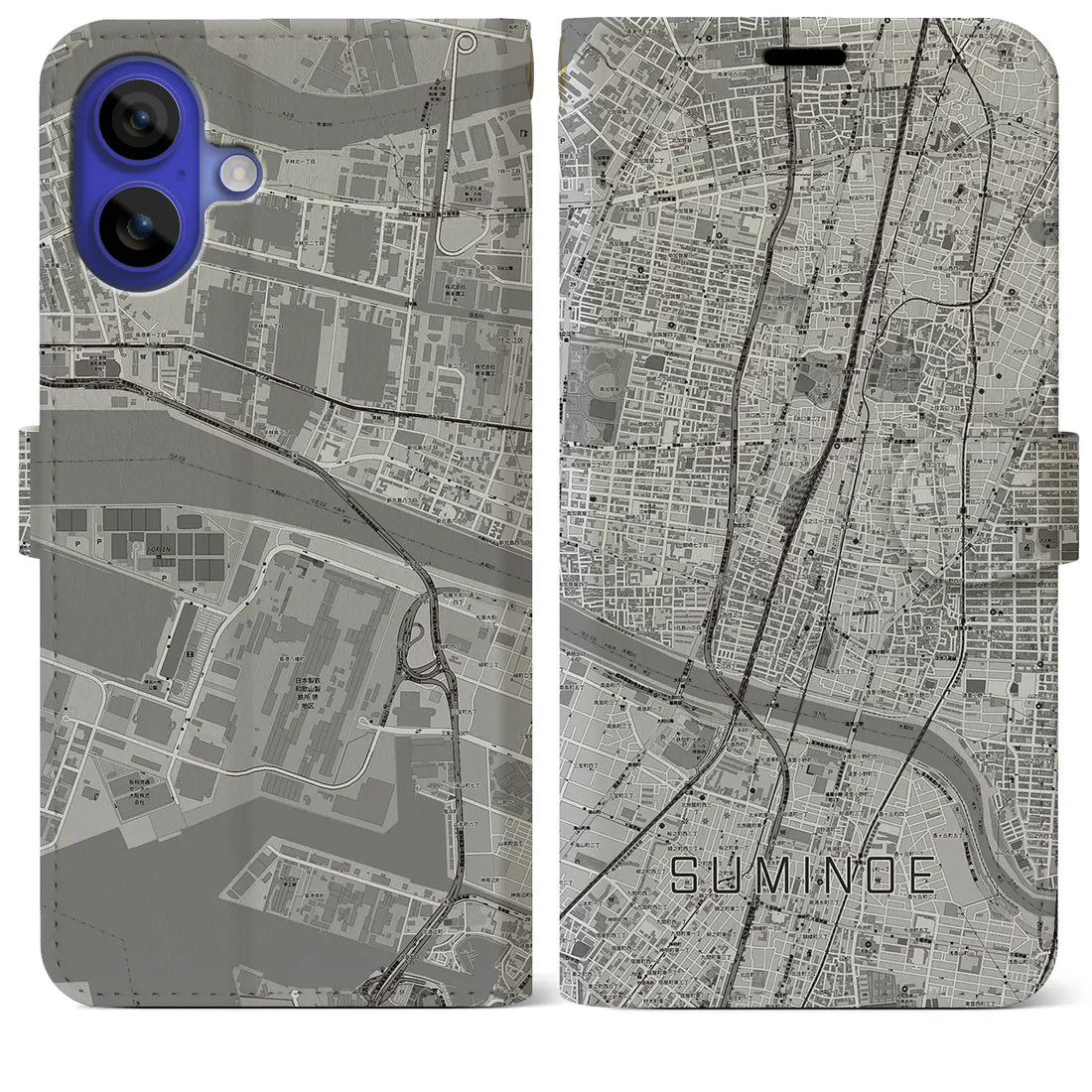 【住之江(大阪府)】地図柄iPhoneケース(手帳タイプ)モノトーン・iPhone 16 Pro Max 用