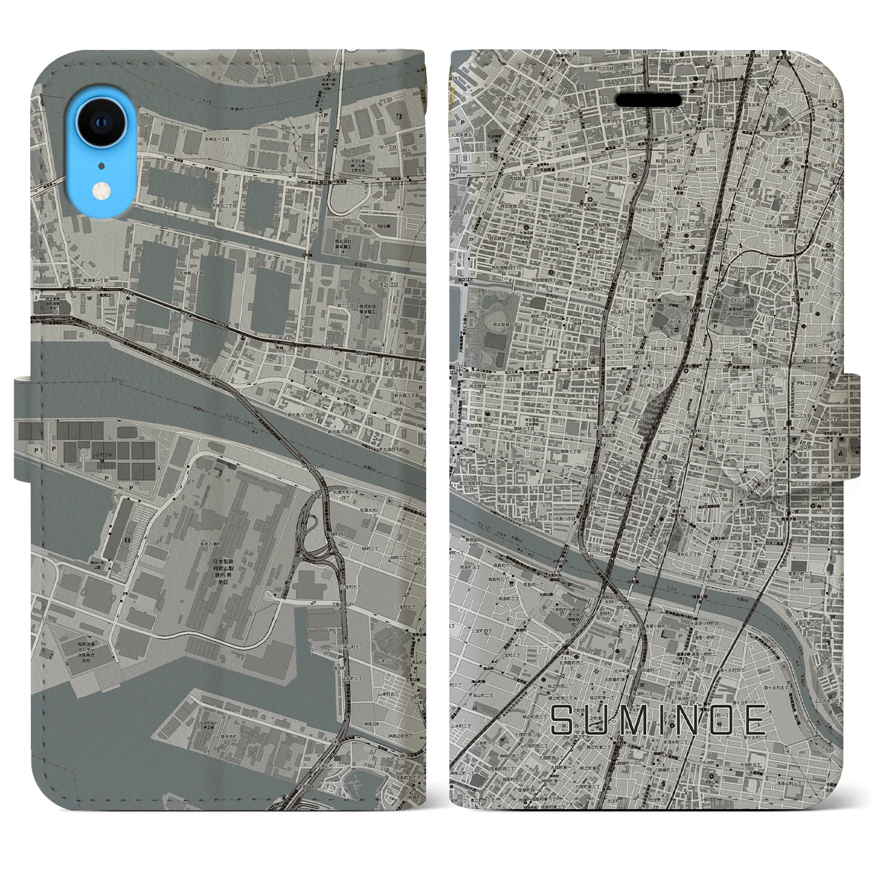 【住之江】地図柄iPhoneケース（手帳両面タイプ・モノトーン）iPhone XR 用