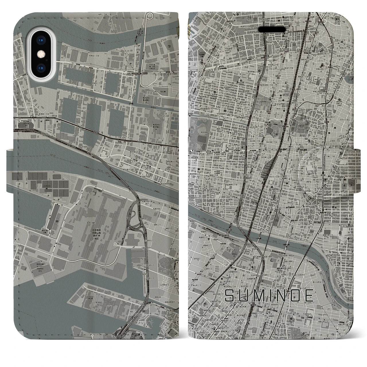 【住之江】地図柄iPhoneケース（手帳両面タイプ・モノトーン）iPhone XS Max 用