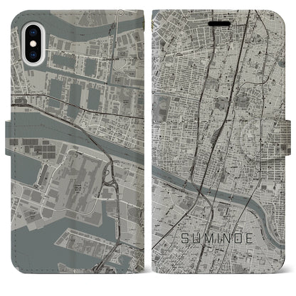 【住之江（大阪府）】地図柄iPhoneケース（手帳タイプ）モノトーン・iPhone XS Max 用