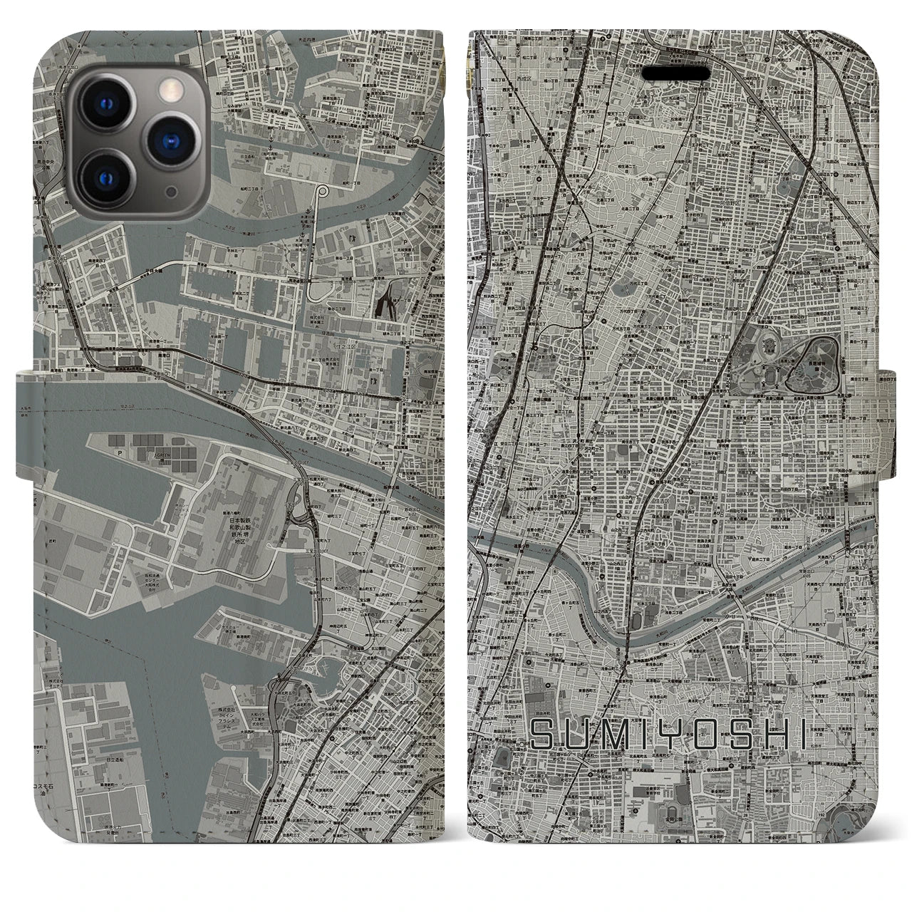 【住吉（大阪府）】地図柄iPhoneケース（手帳両面タイプ・モノトーン）iPhone 11 Pro Max 用