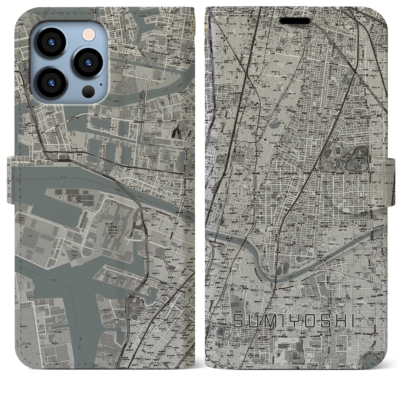 【住吉（大阪府）】地図柄iPhoneケース（手帳両面タイプ・モノトーン）iPhone 13 Pro Max 用