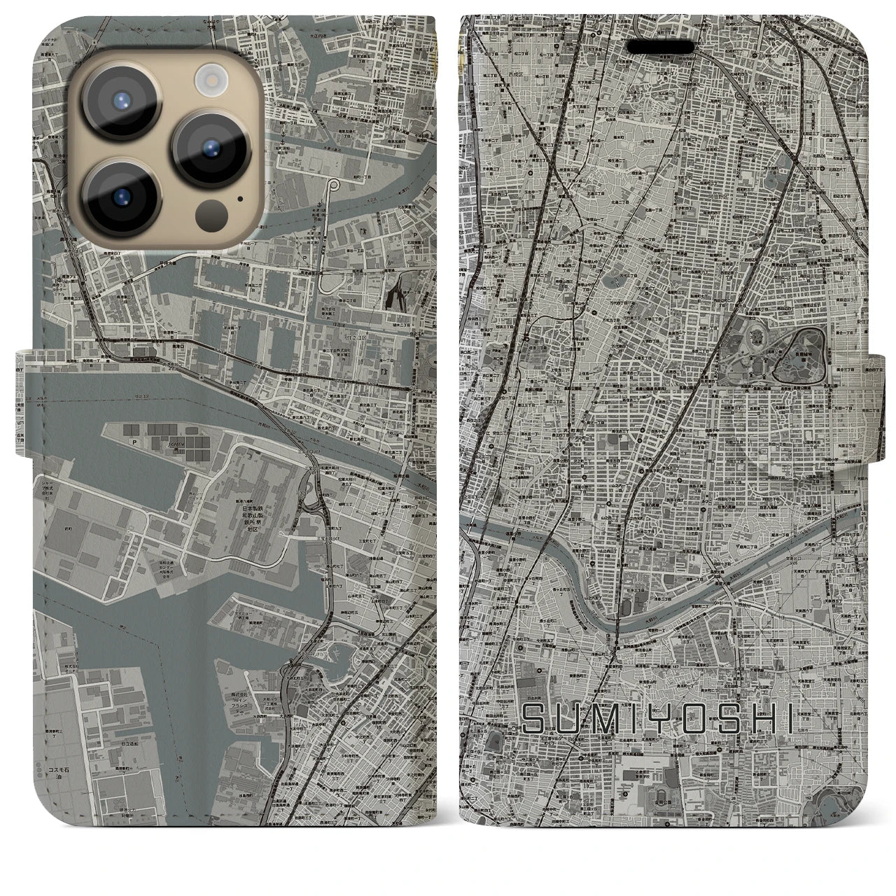 【住吉（大阪府）】地図柄iPhoneケース（手帳両面タイプ・モノトーン）iPhone 14 Pro Max 用