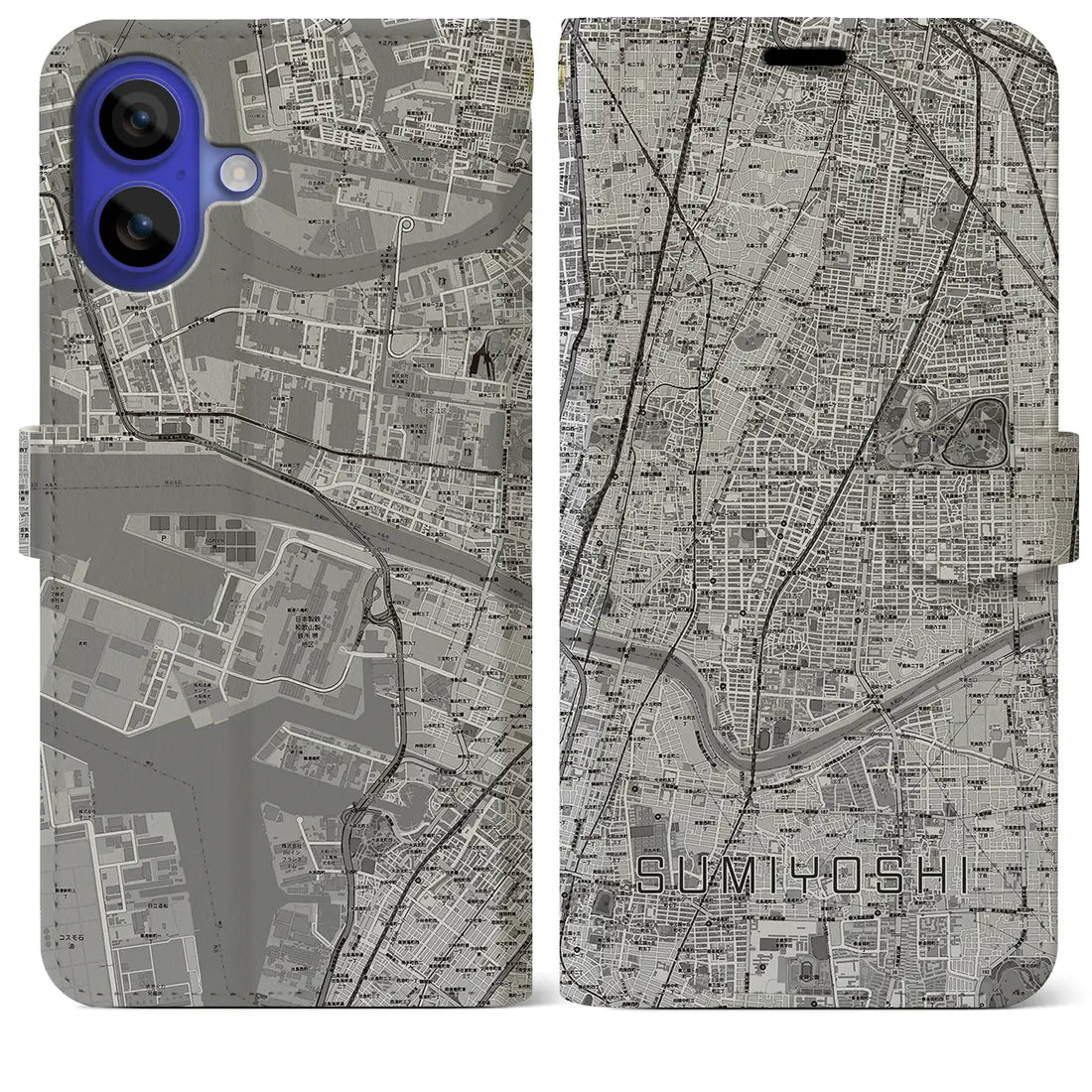 【住吉(大阪府)】地図柄iPhoneケース(手帳タイプ)モノトーン・iPhone 16 Pro Max 用