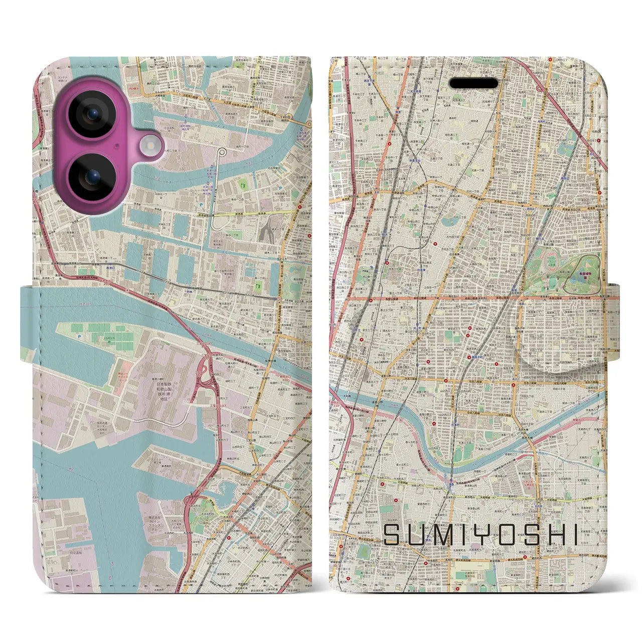 【住吉（大阪府）】地図柄iPhoneケース（手帳タイプ）ナチュラル・iPhone 16 Pro 用